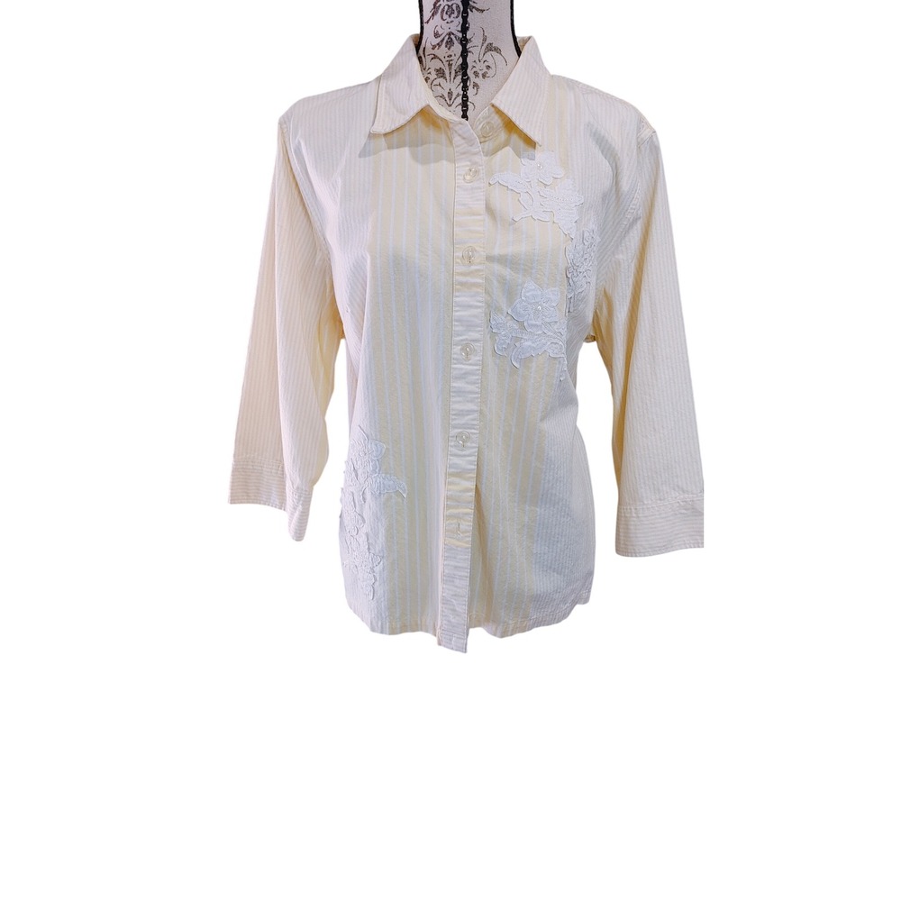 CJ Banks Granny Striped Floral Lace Applique Cotton Shirt 3/4 Sleeve XL